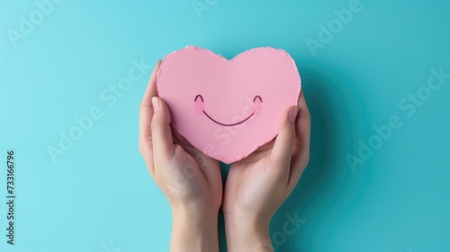 Hand Holding a Pink Paper Smile Symbolizing Emotional Mental Health and Love on a Blue Background  Top-down view  Heart-Shaped Smiley  Support Positivity  Wellness  and Happiness Concept