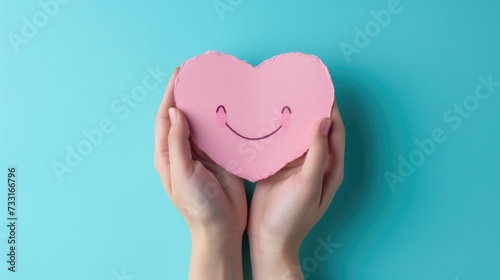 Hand Holding a Pink Paper Smile Symbolizing Emotional Mental Health and Love on a Blue Background, Top-down view, Heart-Shaped Smiley, Support Positivity, Wellness, and Happiness Concept