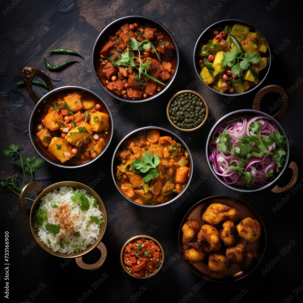 Indian food in bowls on dark table. top view. Indian food in bowls on dark table. top view.