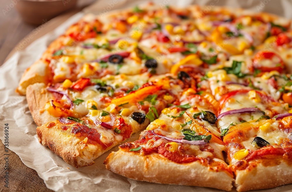 Fresh vegetable pizza crust, with colorful vegetables, olives and melted cheese, served on parchment paper Fresh vegetable pizza crust, with colorful vegetables, olives and melted cheese, served on parchment paper