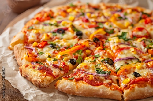 Fresh vegetable pizza crust, with colorful vegetables, olives and melted cheese, served on parchment paper
