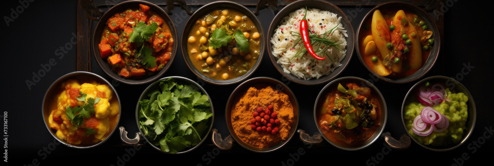 Indian food in bowls on dark table. top view. Indian food in bowls on dark table. top view.