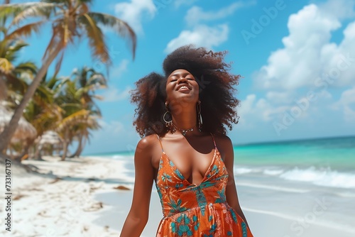 Black woman in colorful dress enjoys at tropical beach on vacation.