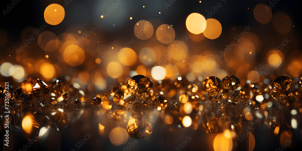 Abstract bokeh shimmering golden glitter decorations with blurry defocused background