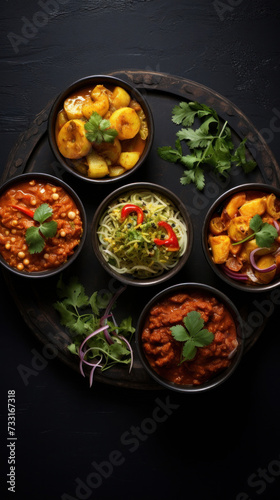 Indian food in bowls on dark table. top view.