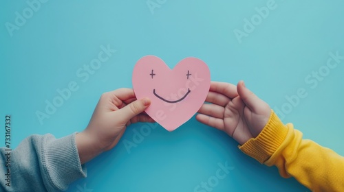 Hand Holding a Pink Paper Smile Symbolizing Emotional Mental Health and Love on a Blue Background, Top-down view, Heart-Shaped Smiley, Support Positivity, Wellness, and Happiness Concept