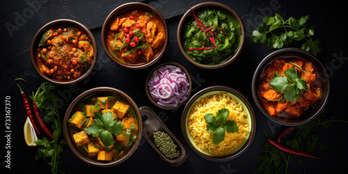 Indian food in bowls on dark table. top view.