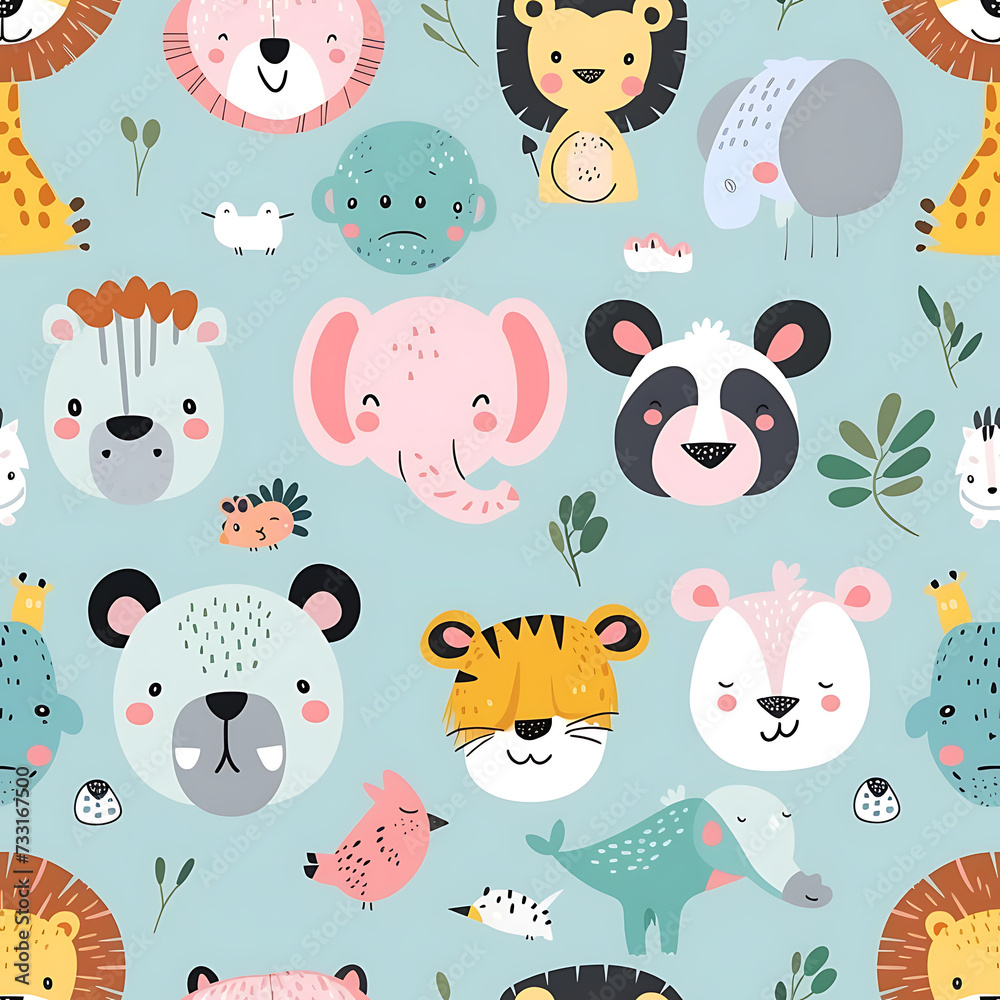 Cute safari animals cartoon seamless pattern background for kids. Cute safari animals cartoon seamless pattern background for kids.