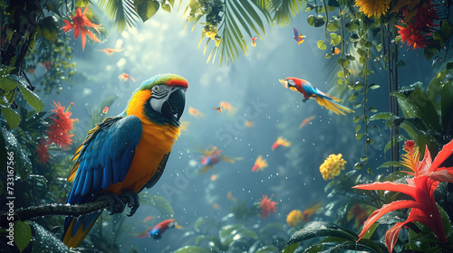 Deep tropical jungle with colorful flowers, vines hanging on the trees, lots of colorful parrots flying. Generative AI.
