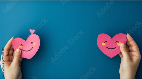 Hand Holding a Pink Paper Smile Symbolizing Emotional Mental Health and Love on a Blue Background, Top-down view, Heart-Shaped Smiley, Support Positivity, Wellness, and Happiness Concept