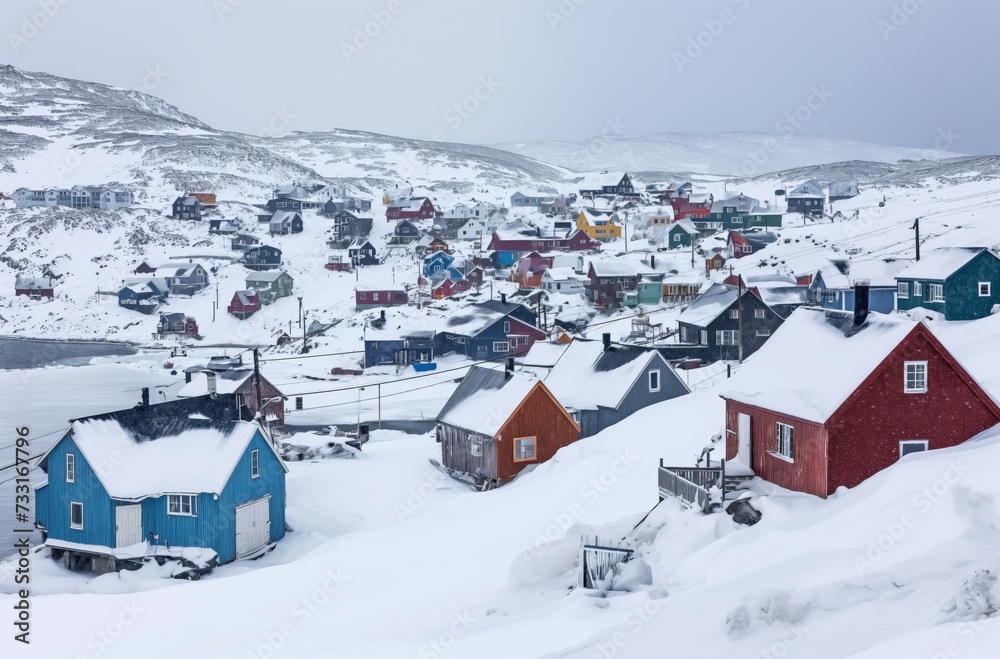 Greenlandic village blanketed in snow, featuring colorful houses against the stark white landscape and a grey, overcast sky