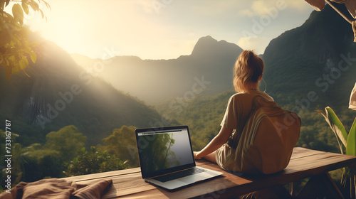 Young woman freelancer traveler working online using laptop, enjoying beautiful nature landscape with mountain view at sunrise, remote work concept