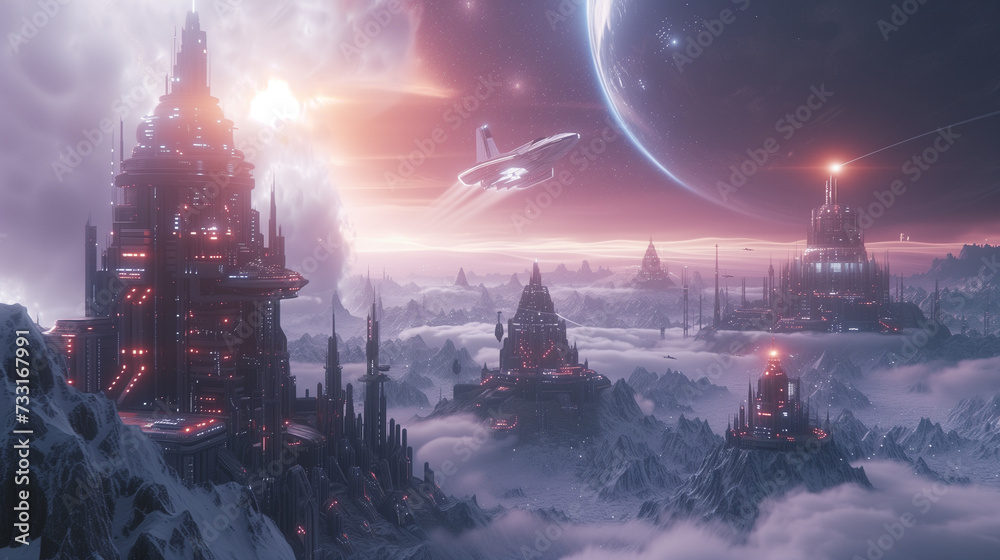 Fototapeta premium future architecture on planet, cyberpunk style,spacecraft flying,City lights under a twilight sky by the waterfront