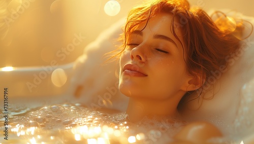 woman relaxing in a bathtub with sunlight caressing her face