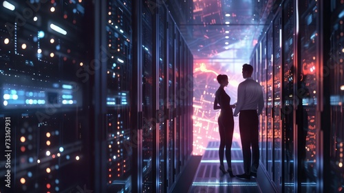 Female and Male IT Engineers Discussing Technical Details in a Working Data Center  Server Room with Internet Connection Visualisation.