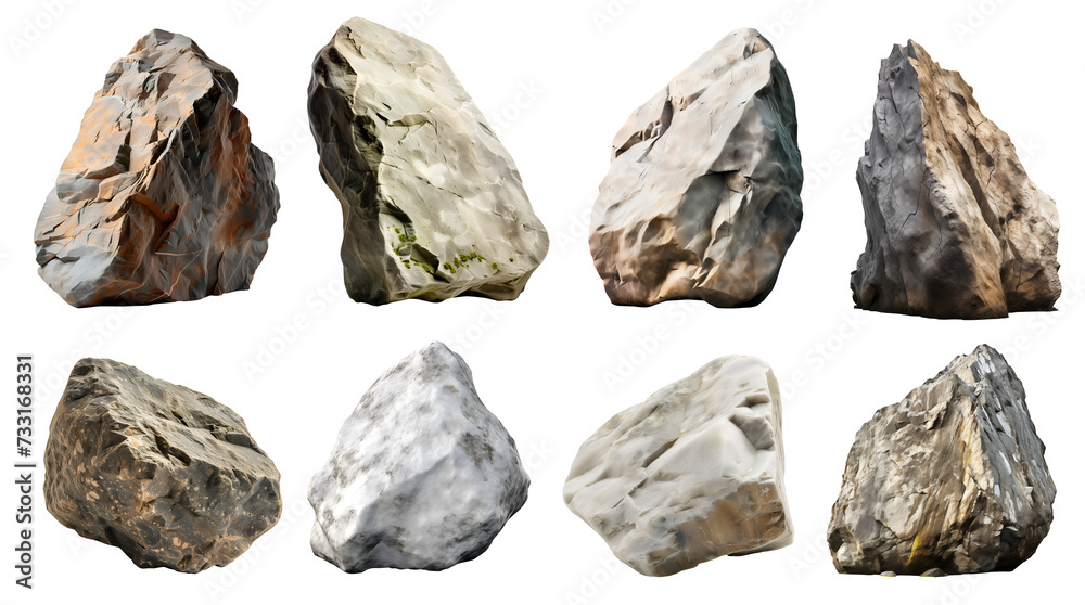Collection set of big hard rock boulder stone on transparent background cutout, PNG file. Many different design. Mockup template artwork graphic