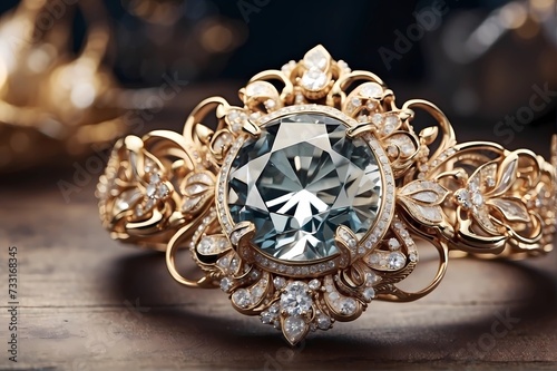 Close-up of shiny vintage diamond ring, showcasing intricate details and reflections on blurred background, Jewelry Photography