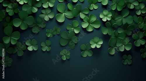 Green clover leaves on a dark green background for St. Patrick's day celebration wallpaper and banner.