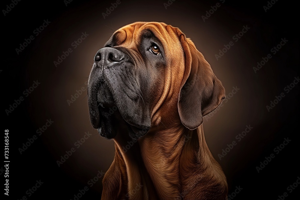 This beautifully captured image showcases the regal presence and thoughtful gaze of a Boxer dog. Positioned against a dark background, the play of light accentuates the rich, warm tones of the dog's
