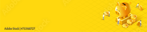 isometric background banner illustration of gold piggy bank and coins with people