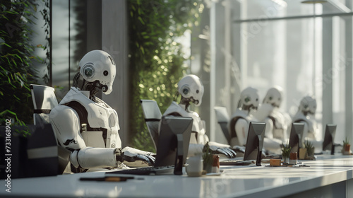 Group of white robots sitting and working with computers in futuristic modern office