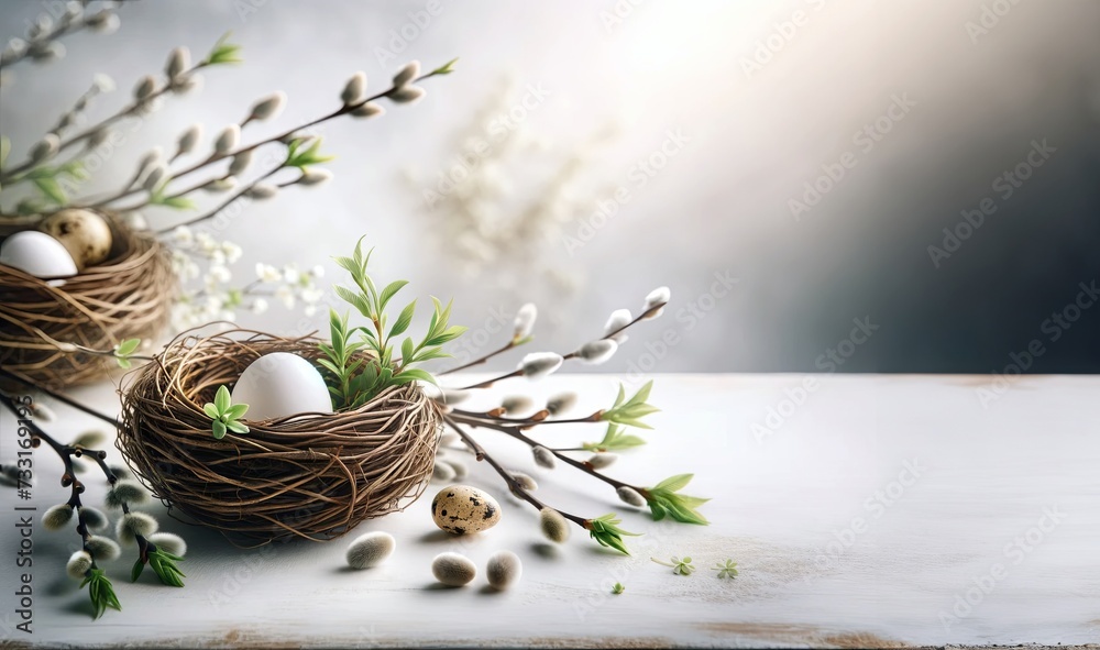 Easter composition with white egg in nest and pussy willow twigs on a cut section of a tree trunk - obrazy, fototapety, plakaty 