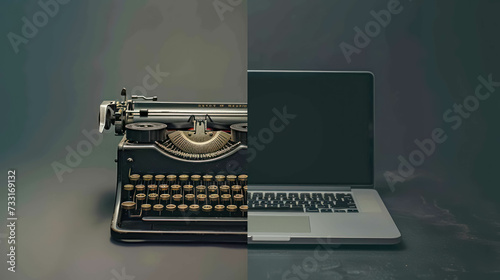 Half Vintage Typewriter, Half Modern Laptop. Evolution of Writing Technology Concept