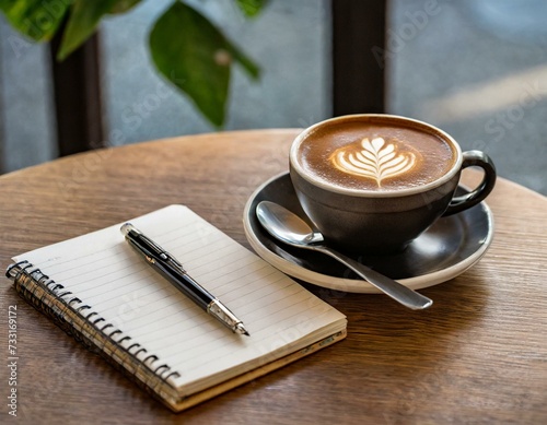 おしゃれなカフェでコーヒーを飲みながらメモ帳を開いて作業