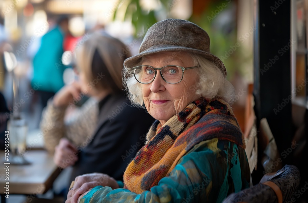 An elderly woman with glasses and a stylish hat sits in a cafe, with a satisfied and observant expression on her face, wrapped in a bright scarf