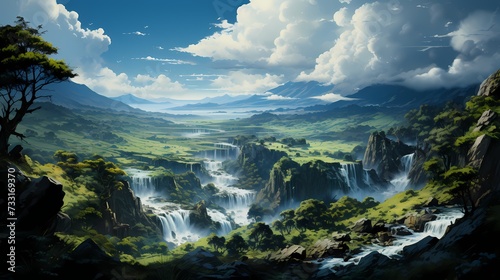 A top view of a cascading waterfall surrounded by lush greenery, with blue skies and fluffy clouds above, capturing the power and serenity of nature's wonders
