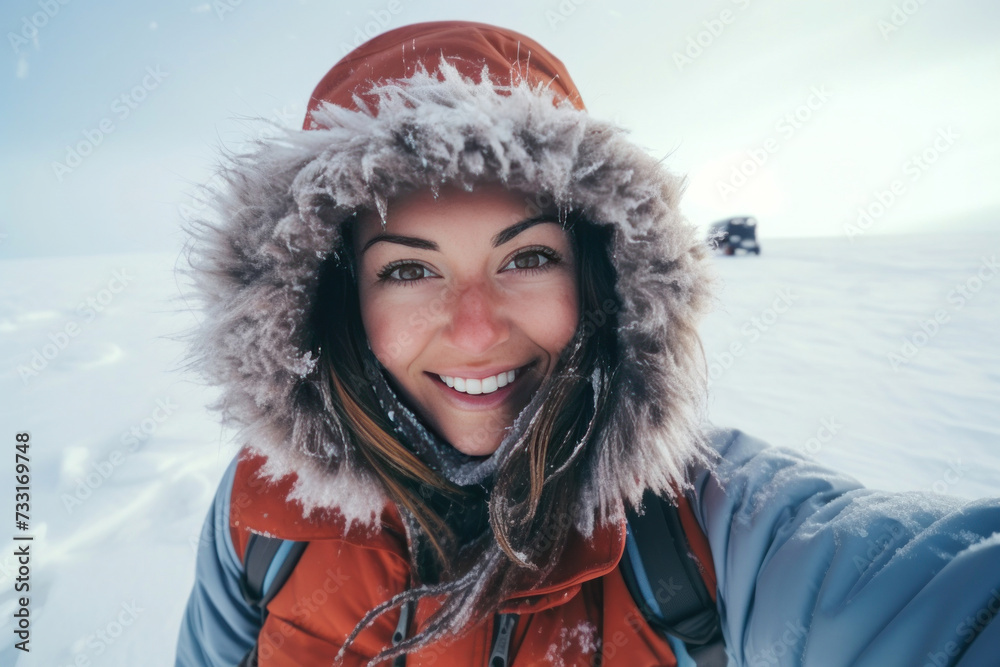 Fototapeta premium A happy beautiful woman traveler in the arctic. Ice and snow on eyelashes, face and clothes. Cold polar climate. Extreme travel and expeditions to the Arctic.