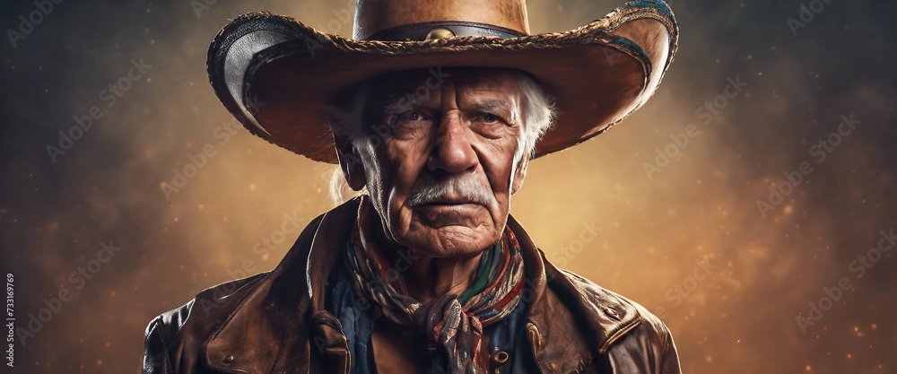 Old cowboy. An elderly man in a cowboy hat. Heroic image of a man. Grey ...