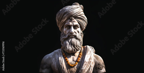 Turban sikh marble statue looking straight with a tense expression. Punjabi bust sculpture.  photo