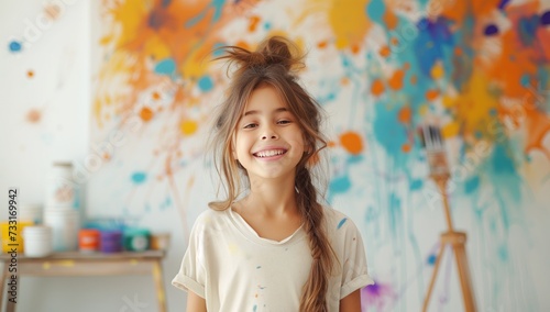 little girl smiling in her room splashed with paint