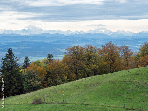 Roggenflue, Switzerland - October 29th 2023: View from the Jura mountains towards the Swiss Alps.