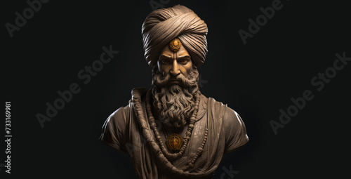 Punjabi man's clay sculpture who's wearing turban and looks confident, has a big curly beard, and moustaches. 