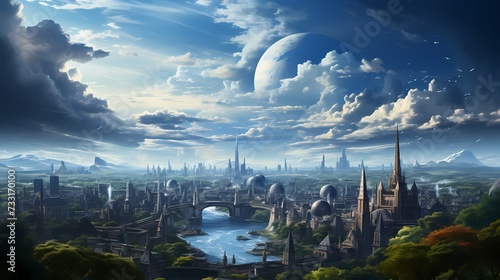 A top view of a city skyline with tall buildings reaching towards the heavens, framed by a backdrop of blue skies and scattered clouds, capturing the urban beauty against a natural backdrop