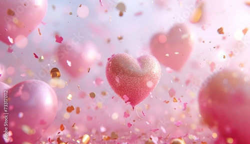 pink gold confetti hearts on pink background and balloons