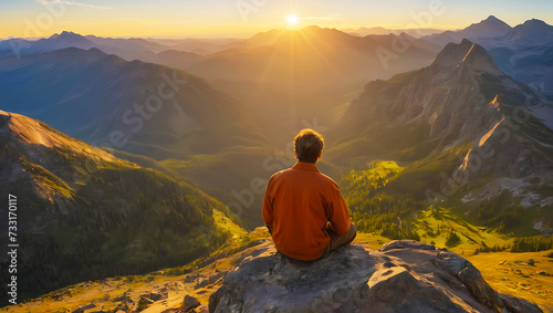 Lone Figure, Majestic Mountains, and Golden Sunset in a Moment of Peace.