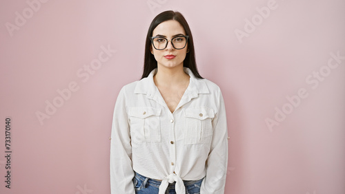 Fotografie A confident hispanic woman in glasses poses against a pink wall, exuding casual beauty and simplicity