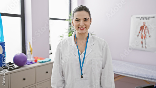 A smiling young hispanic woman in a white lab coat stands confidently in a well-equipped rehab clinic interior.