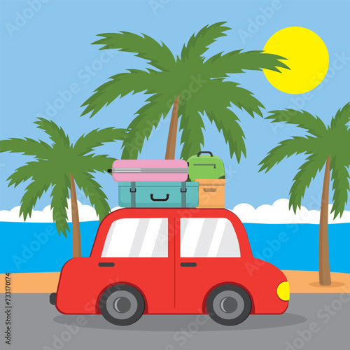 Summer landscape red car with suitcases on the background of palm trees and the sea in cartoon style © Olesya