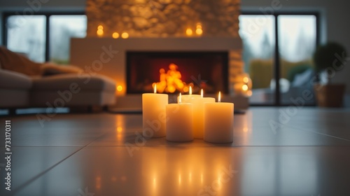 Inviting fireplace adorned with flickering candles, casting a soft glow acros...