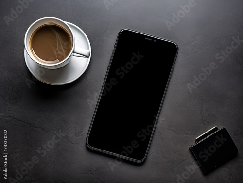 Top view with a cell phone and a cup of coffee on an office table