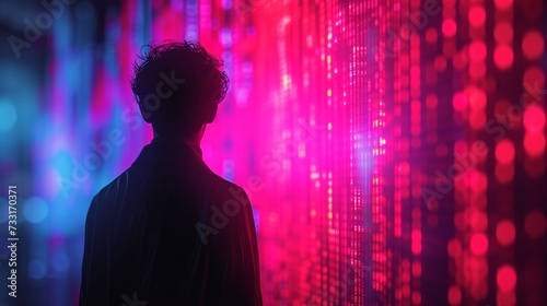 Soft neon glows accentuate the hacker's silhouette, adding a touch of mystery to the scene