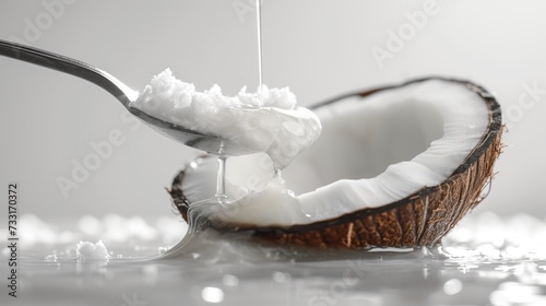 Organic Coconut Oil Pouring from Spoon into Halved Coconut