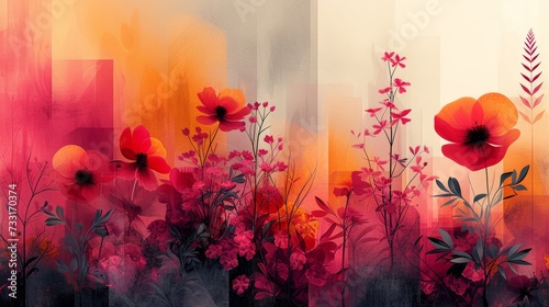 Abstract landscape featuring geometric patterns and floral elements, inviting...