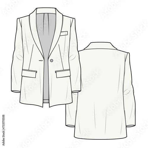 Women single breasted blazer front and back view technical flat sketch vector template