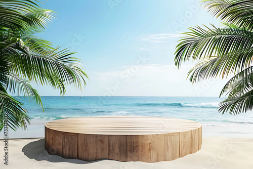 Summer wooden podium for product at sea tropical beach.