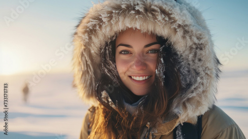 A happy beautiful woman traveler in the arctic. Ice and snow on eyelashes, face and clothes. Cold polar climate. Extreme travel and expeditions to the Arctic.